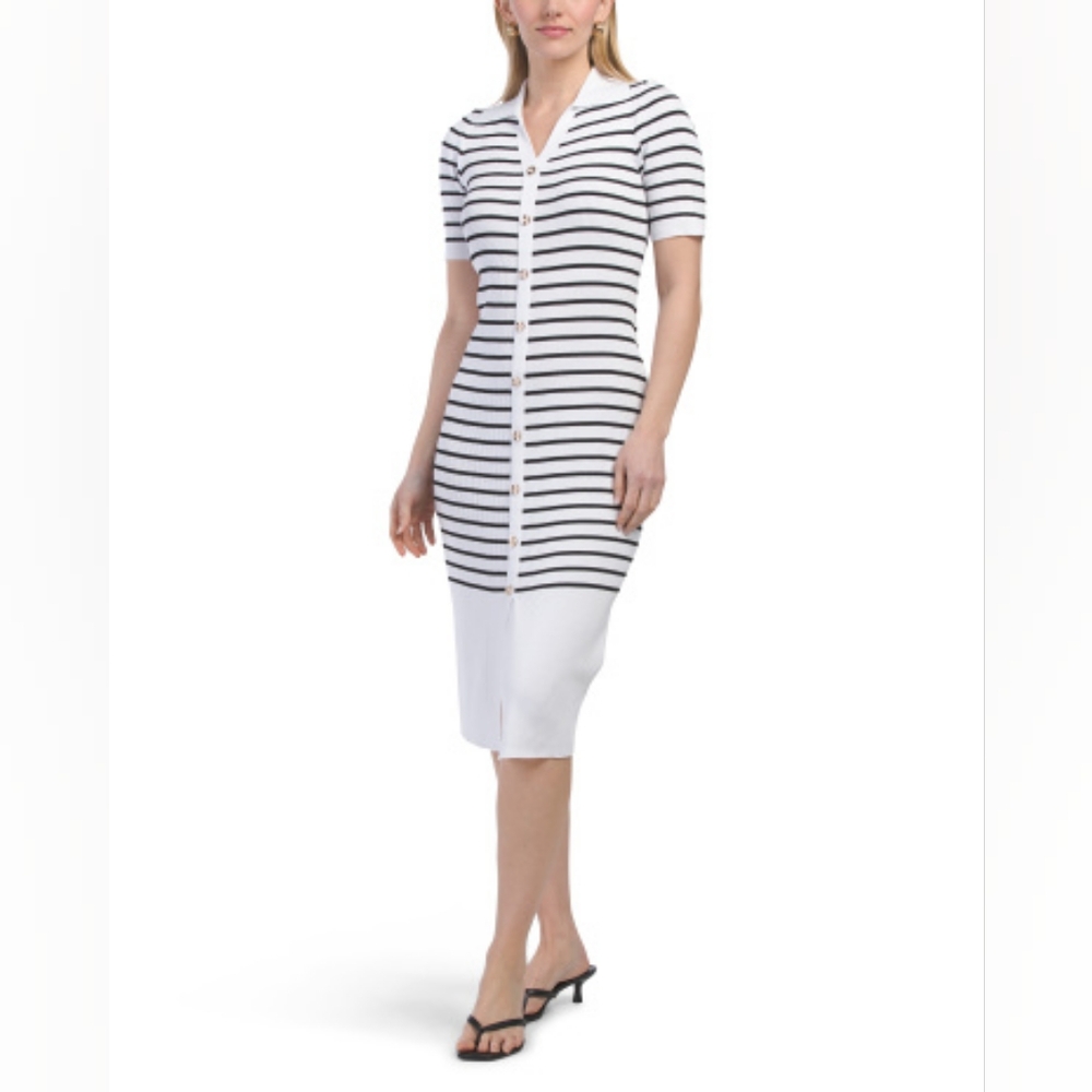 NWT - Nanette Collared White/Black Striped Ribbed Knit Midi Dress - Size XL